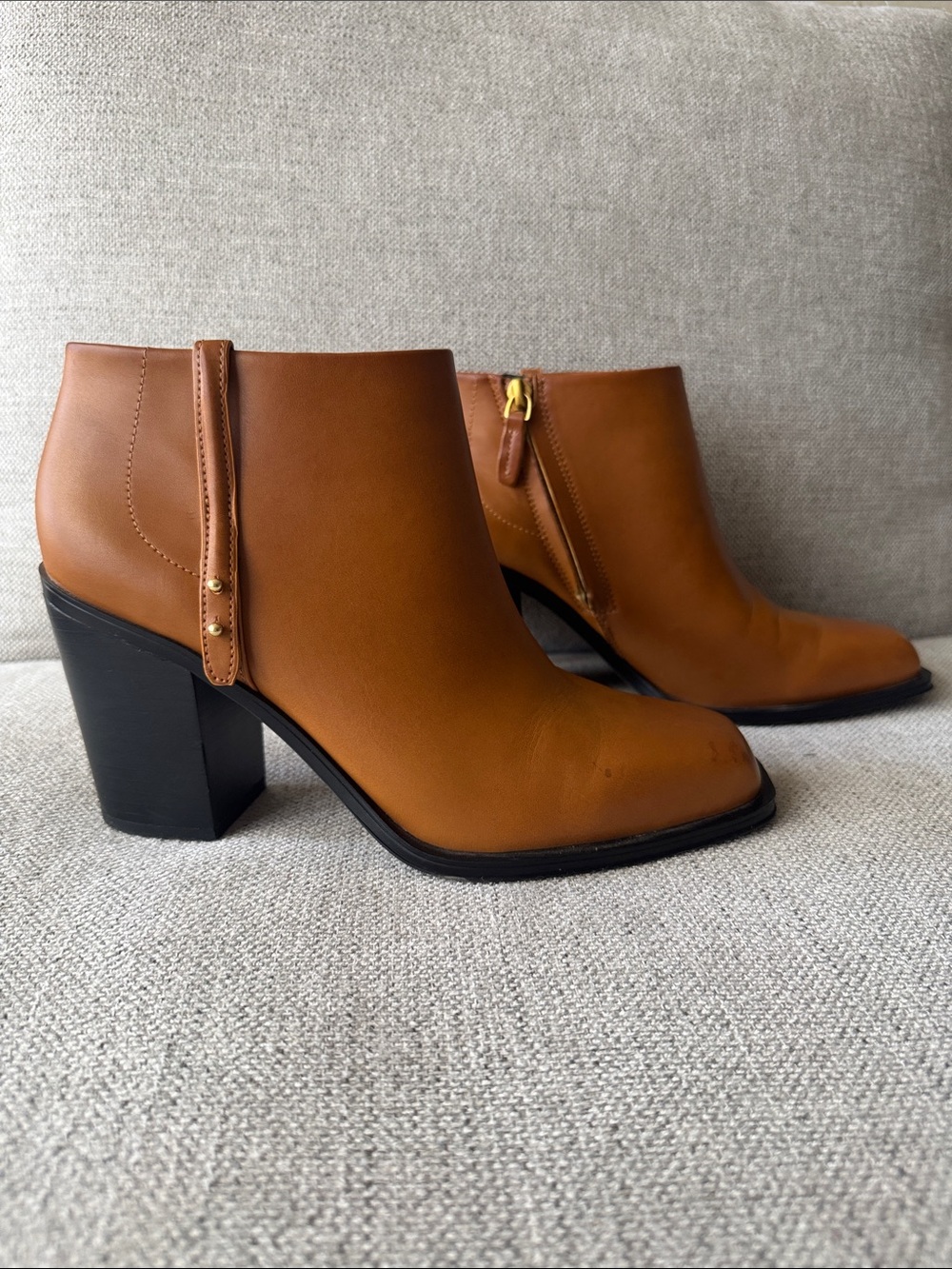 Franco Sarto Cognac Leather Ankle Booties with Block Heel